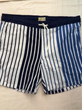 J.Crew Original Swimwear Men’s Swim Trunks Med. Blue White Striped Board Shorts